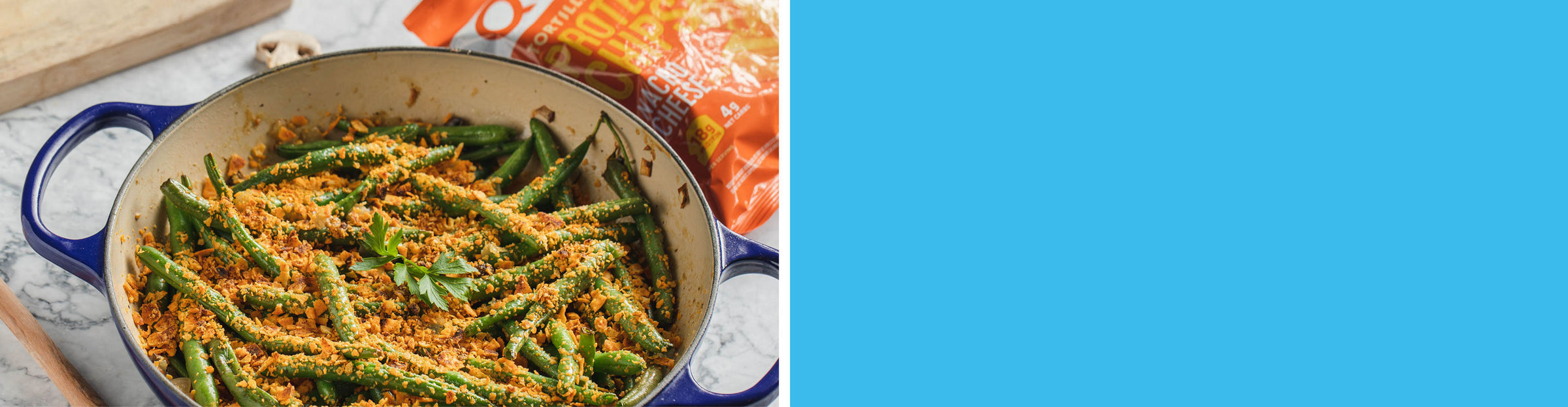 Green Bean Casserole with Quest tortilla protein chips. Click for full recipe