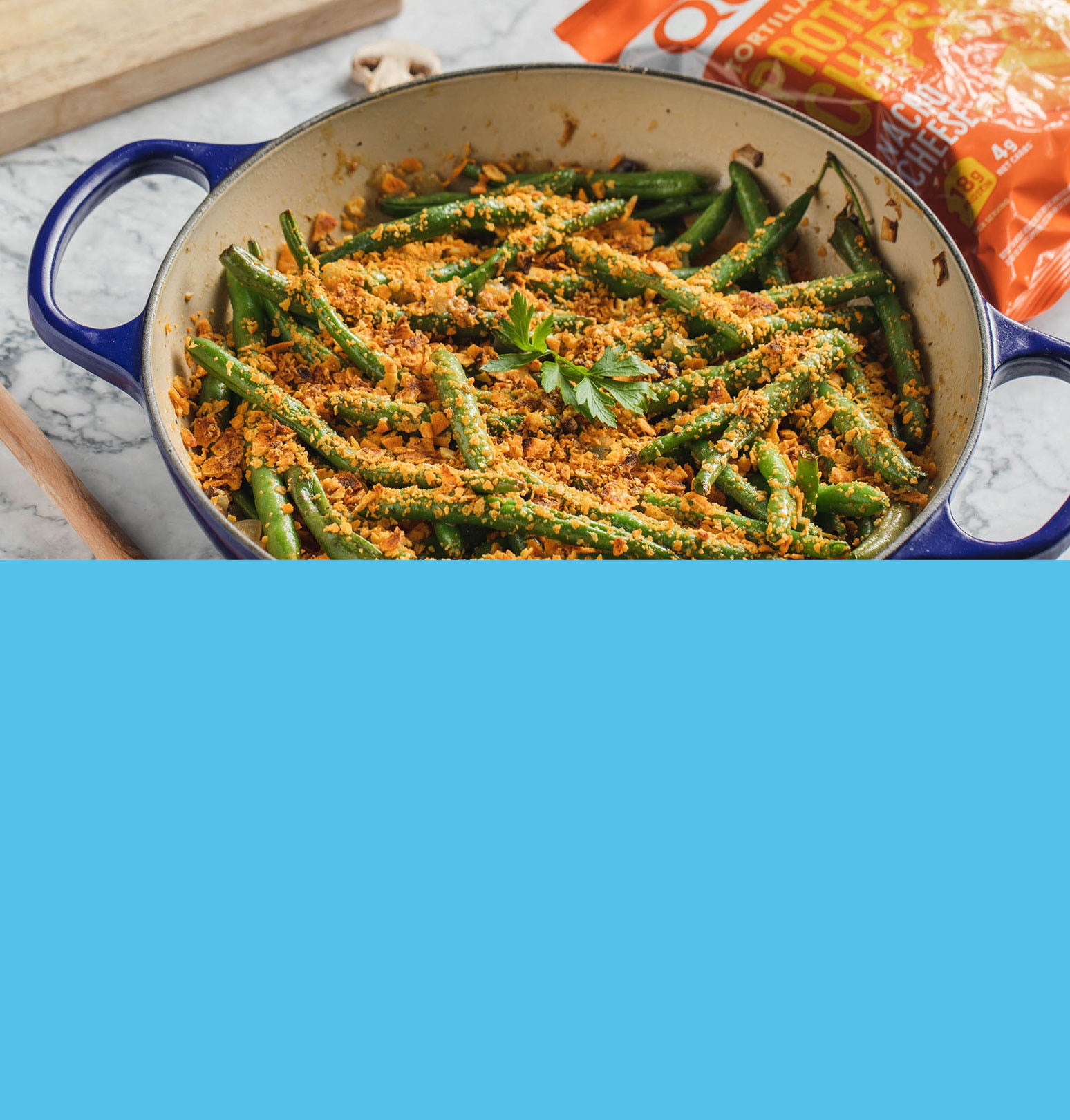 Green Bean Casserole with Quest tortilla protein chips. Click for full recipe