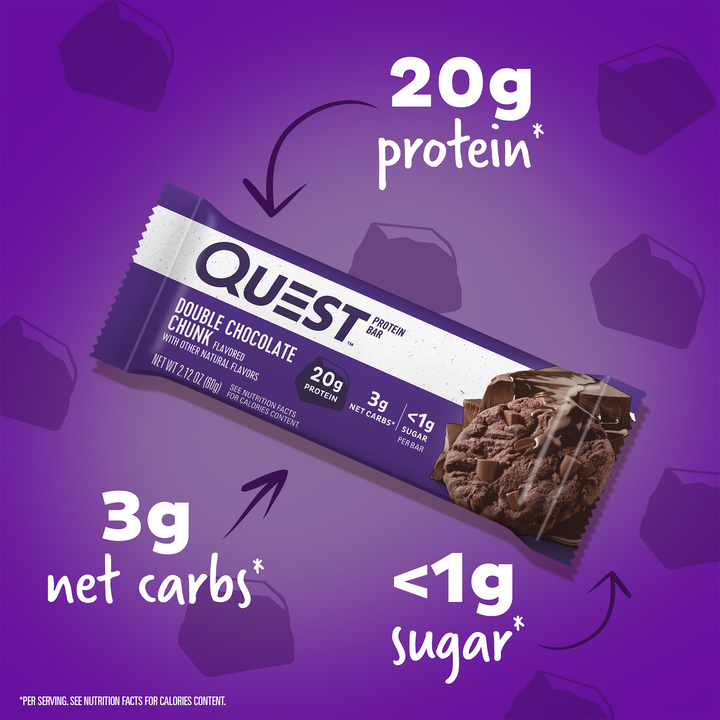 Double Chocolate Chunk Protein Bars; 20g protein*, 3g net carbs*, <1g sugar*