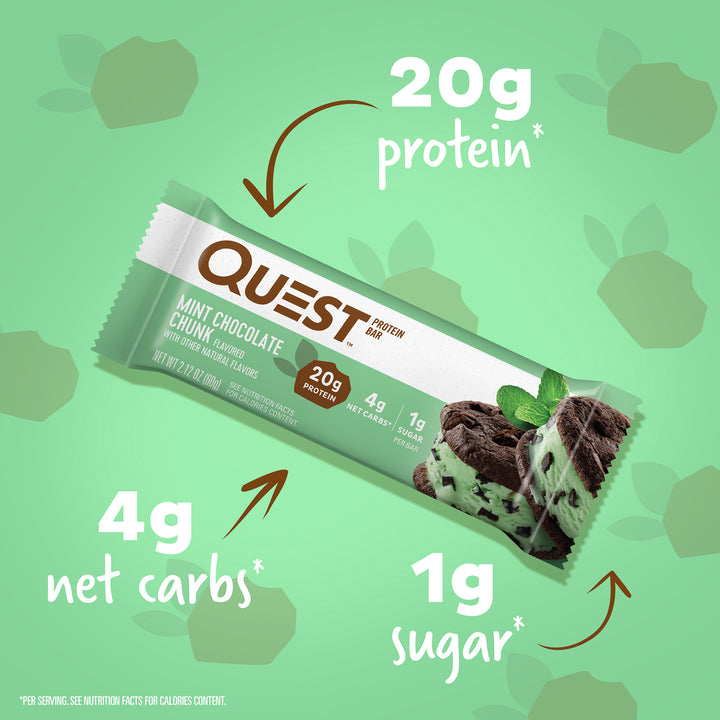 Mint Chocolate Chunk Protein Bars; 20g protein*, 4g net carbs*, 1g sugar*