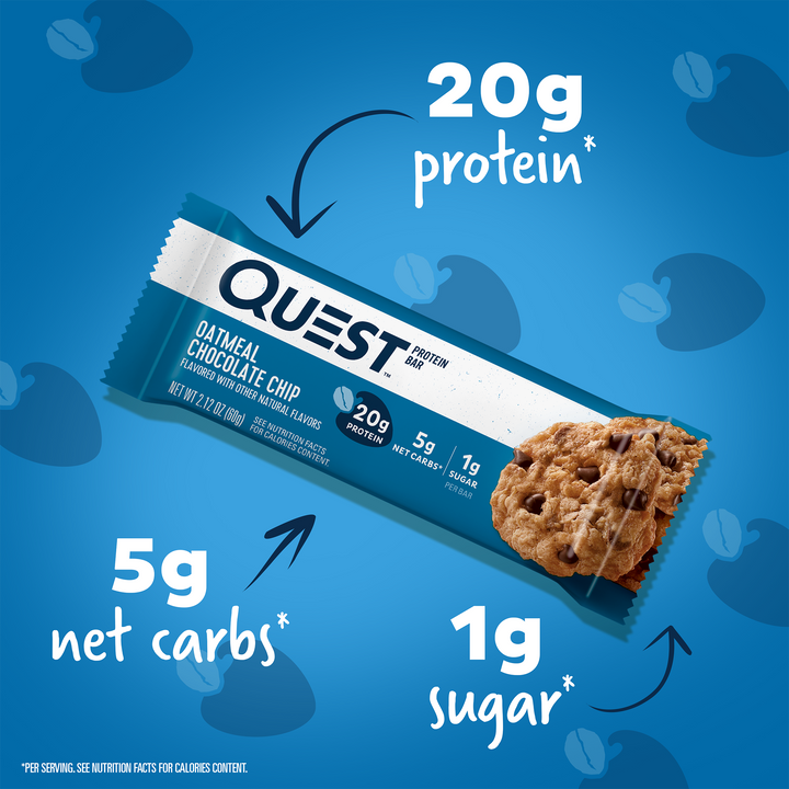 Oatmeal Chocolate Chip Protein Bars; 20g protein*, 5g net carbs*, 1g sugar*