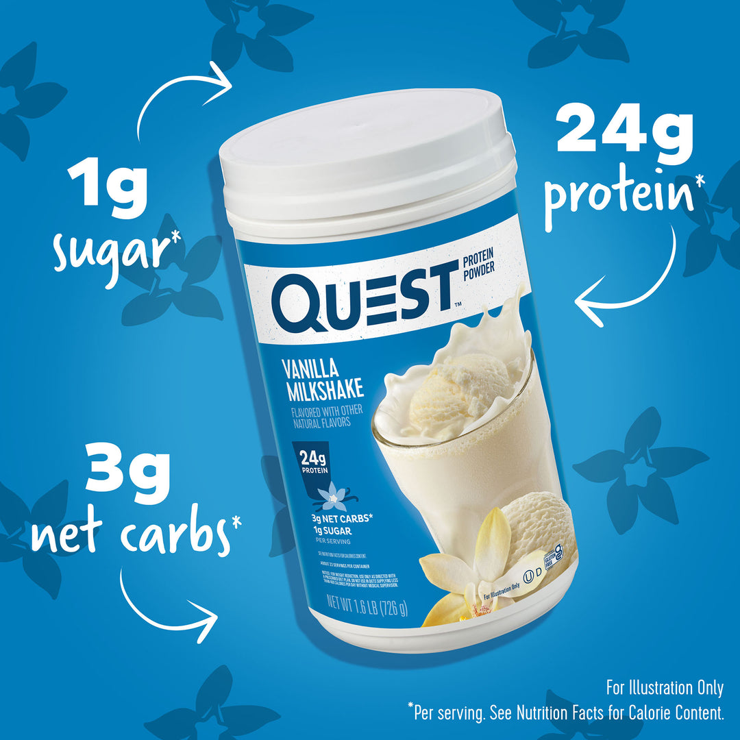 Vanilla Milkshake Protein Powder; 1g sugar*, 3g net carbs*, 24g protein*