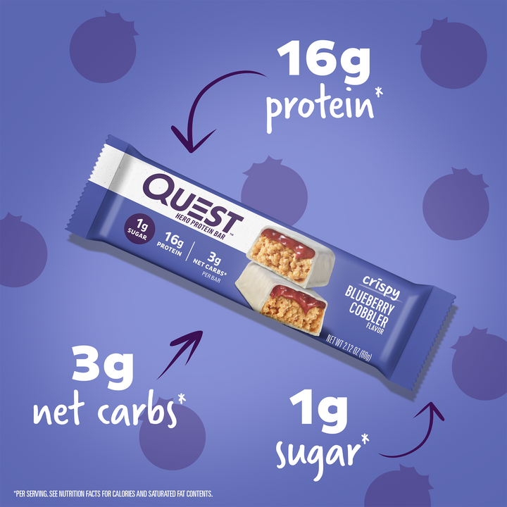 Blueberry Cobbler Hero Protein Bars; 16g protein*, 3g net carbs", 1g sugar*