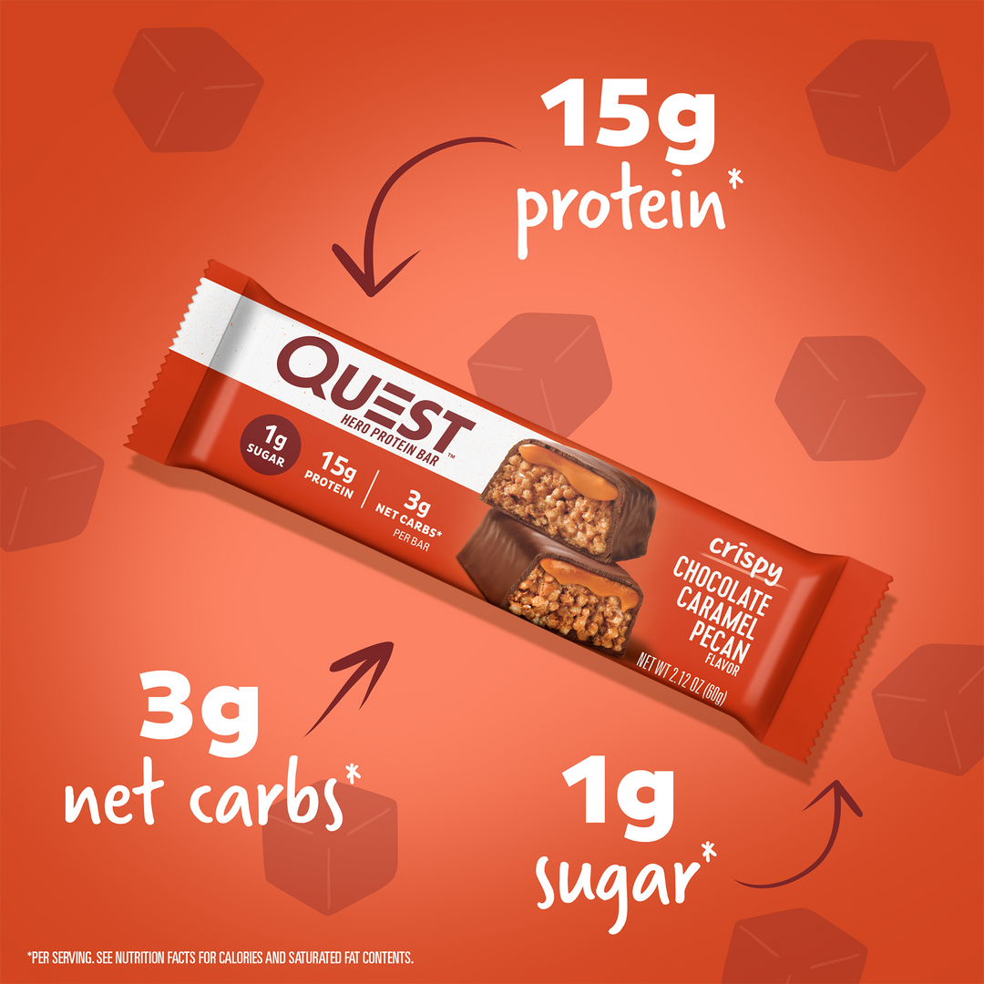 Chocolate Caramel Pecan Hero Protein Bars; 15g protein*, 3g net carbs", 1g sugar*