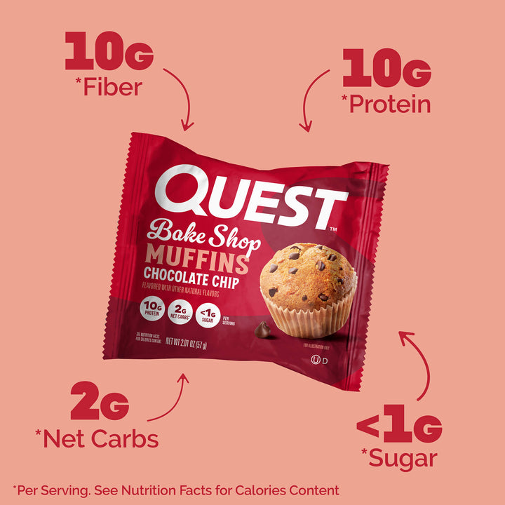 Bake Shop Chocolate Chip Muffins; 10G *Fiber; 10G *Protein; 2G *Net Carbs; <1G *Sugar; “Per serving. See Nutrition Facts for Calories Contents.