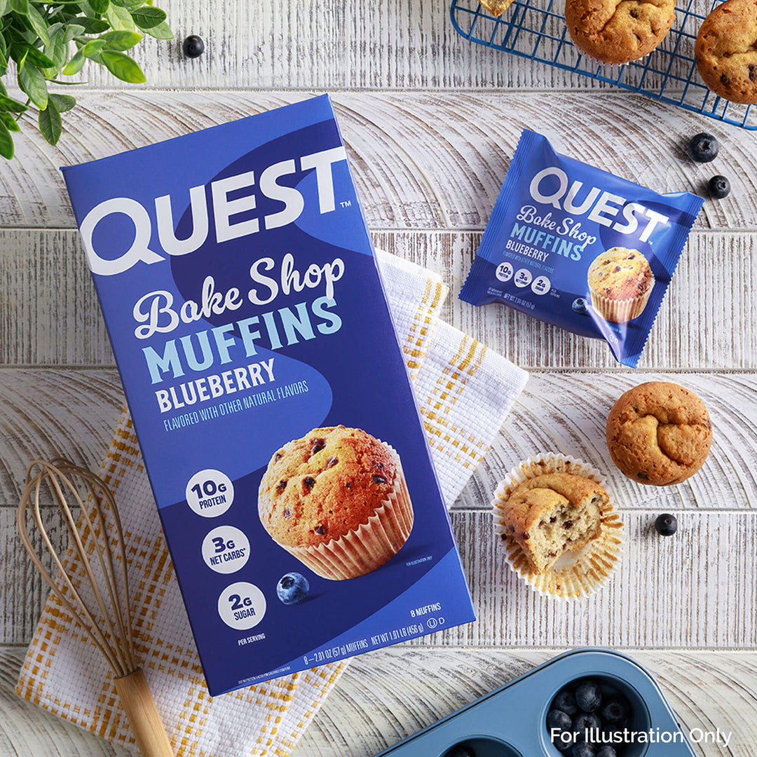 A box of Bake Shop Blueberry Muffins with opened muffins next to it