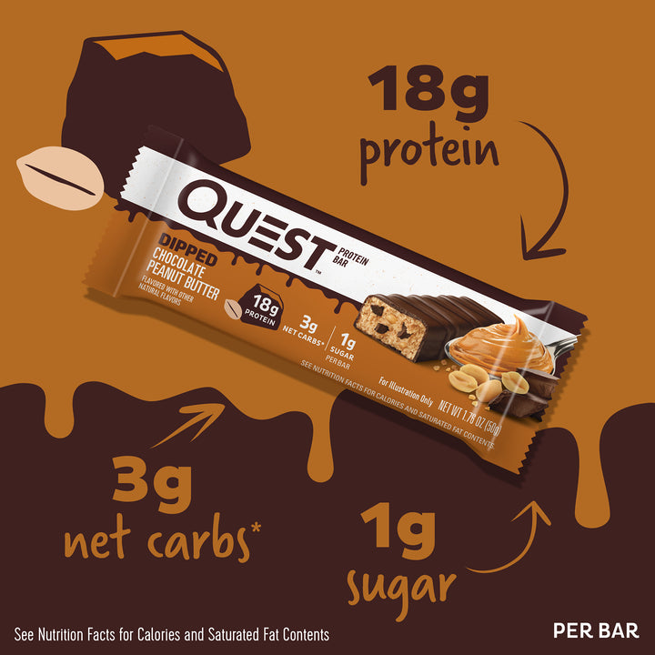 Dipped Chocolate Peanut Butter Protein Bar; 18g protein, 3g net carbs*, 1g sugar
