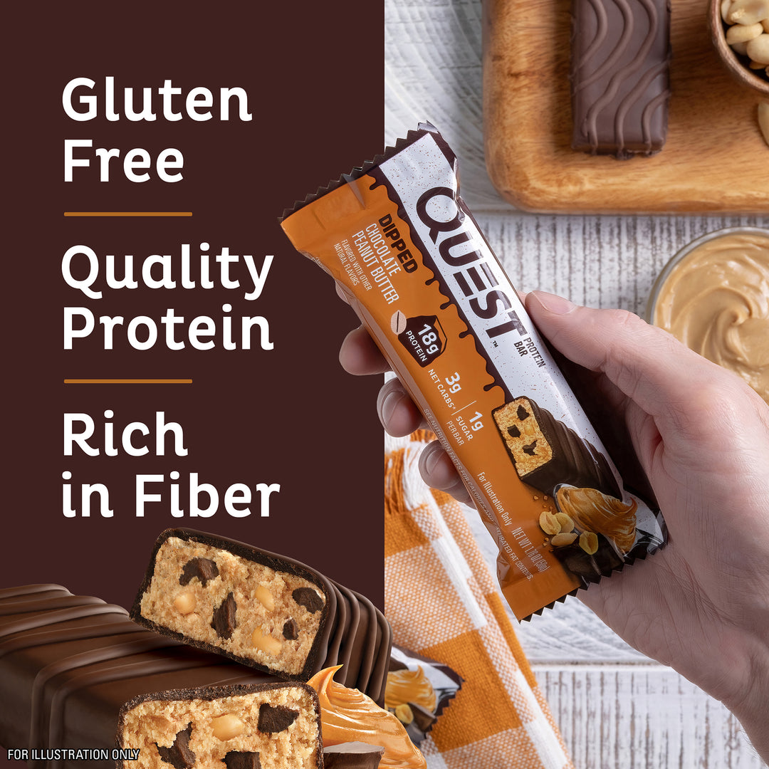 Dipped Chocolate Peanut Butter Protein Bar; Gluten Free, Quality Protein. Rich in Fiber