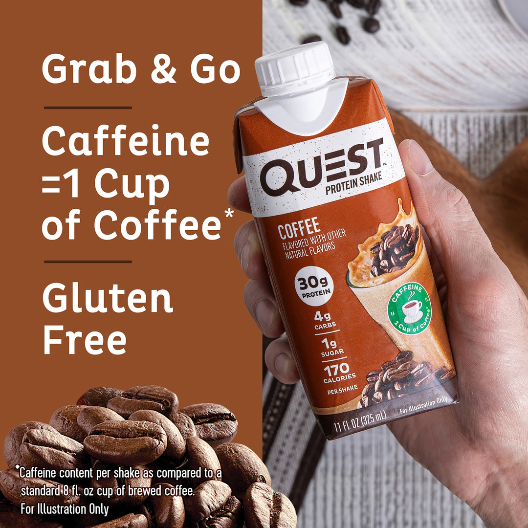 Coffee Protein Shake. Grab and Go. Caffeine = 1 cup of coffee*. Gluten Free. *Caffeine content per shake as compared to a standard 8fl. oz cup of brewed coffee. For Illustration Only
