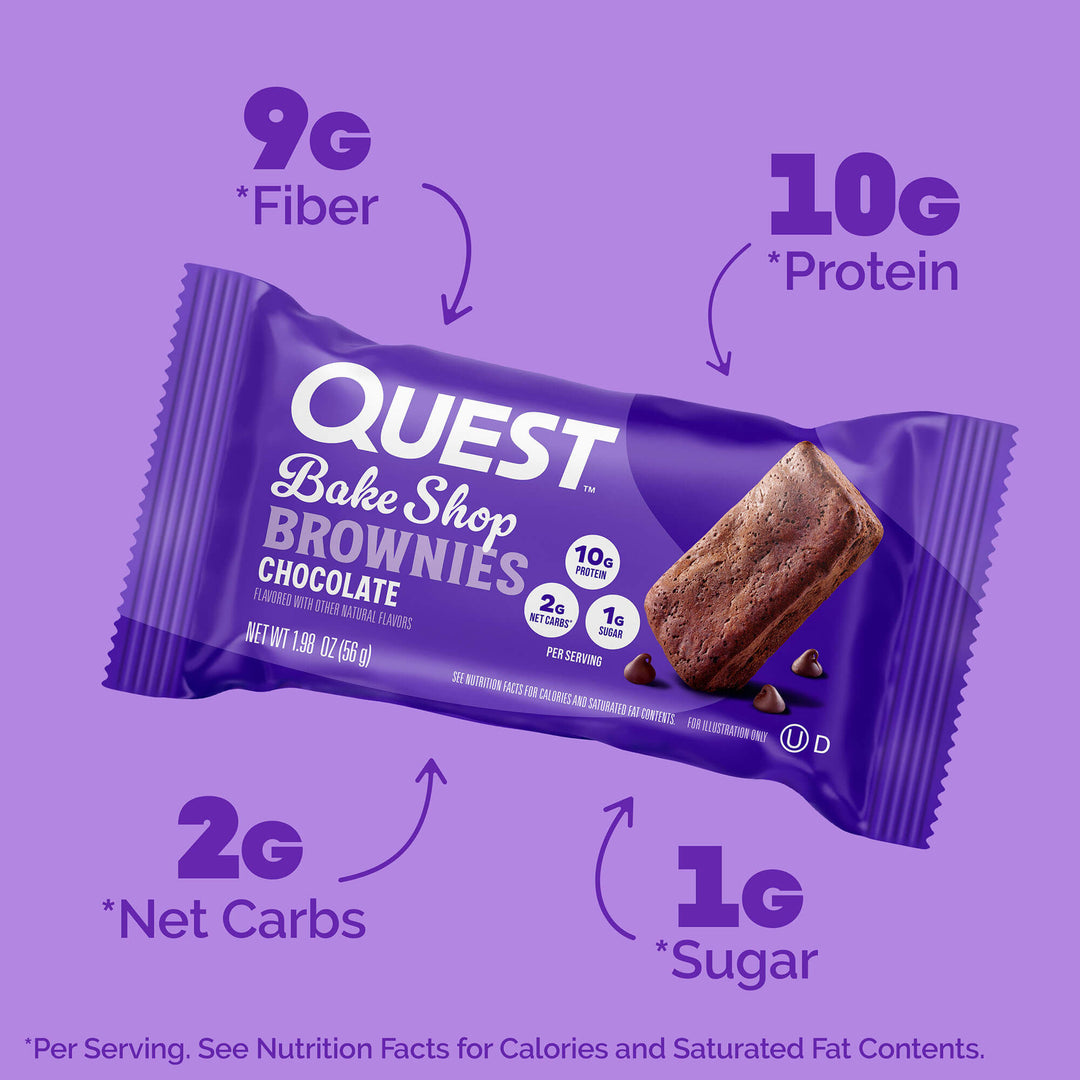 Bake Shop Chocolate Brownies; 9G *Fiber; 10G *Protein; 2G *Net Carbs; 1G *Sugar; “Per serving. See Nutrition Facts for Calories and Saturated Fat Contents.