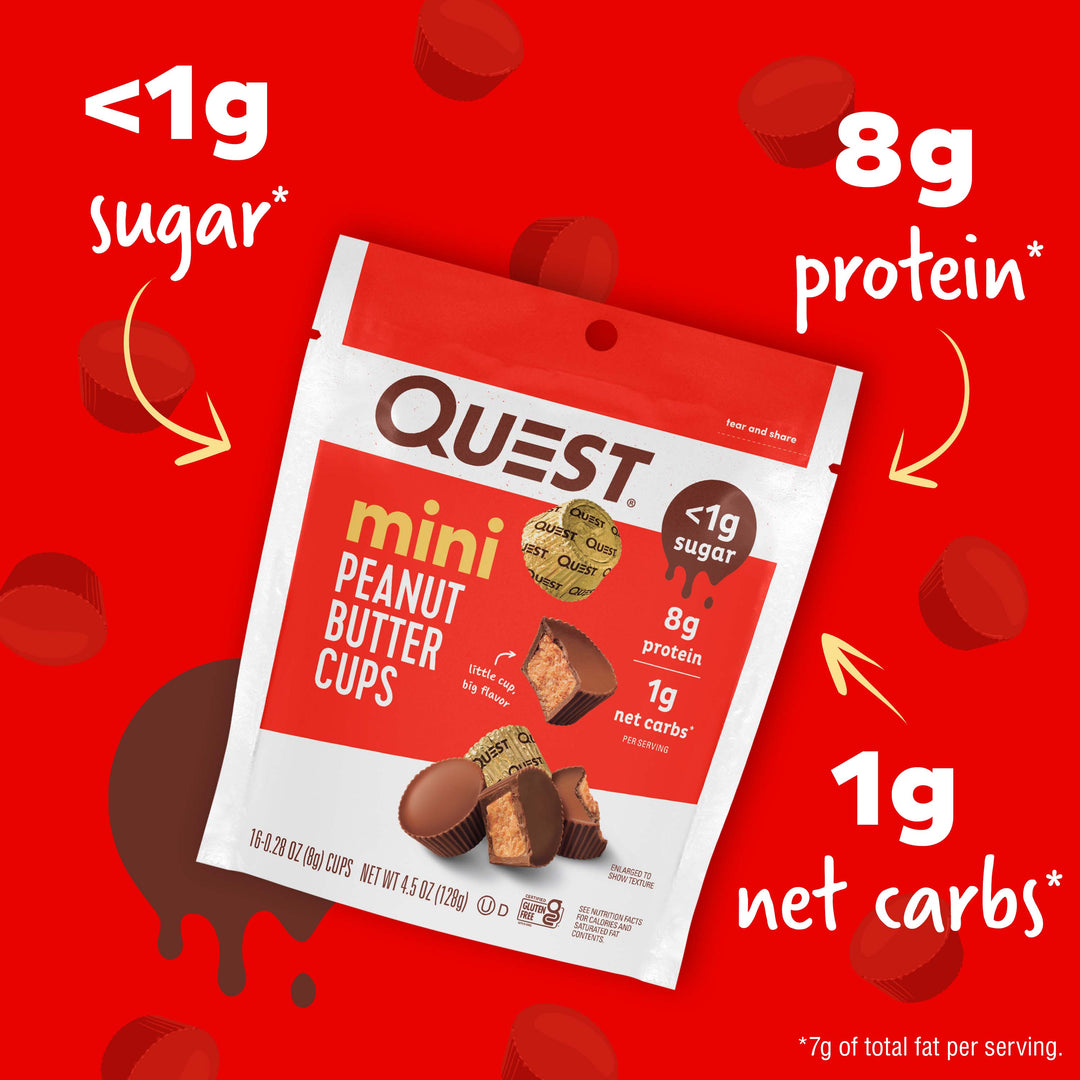 Mini Peanut Butter Cups with 8 grams of protein, less than 1 gram of sugar and 1 gram of net carbs