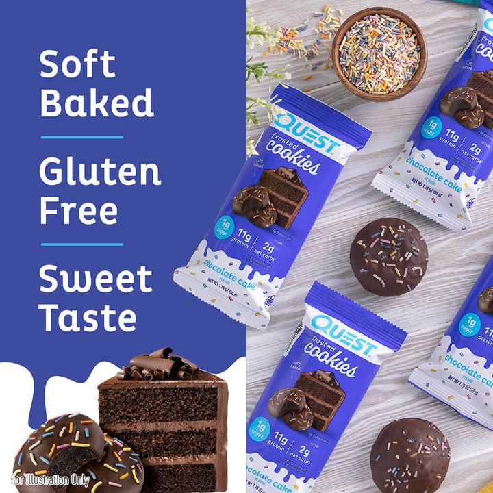 Quest Frosted Cookies Chocolate Cake Cookies are soft baked, gluten free and have a sweet taste